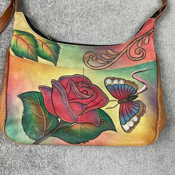 ANUSCHKA Shoulder Bag Purse Leather Hand-Painted Butterfly Floral Print Brown - Picture 2 of 7